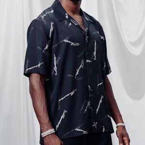 RARE!A MA MANÍERE Black Woven Tencel Twill Script Button Up Short Sleeve Shirt M